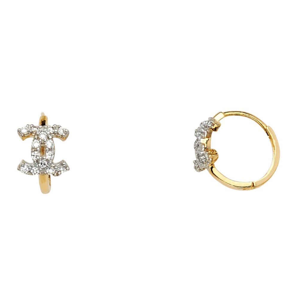 14KT Gold Crossed CC CZ Huggies Earrings